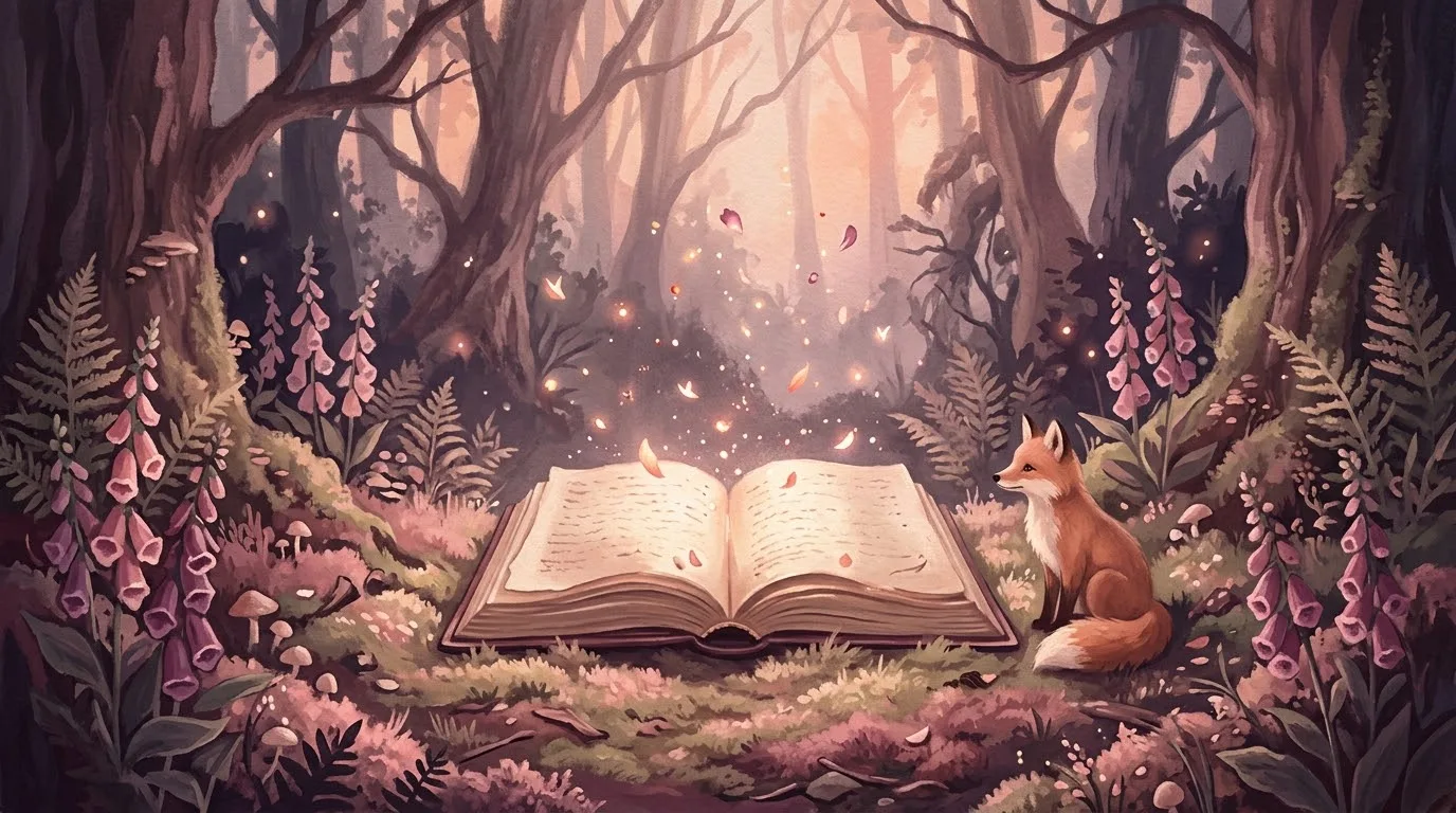 Раскрытая книга сказок в лесу